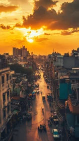Golden hour over busy city street corridor at sunset.