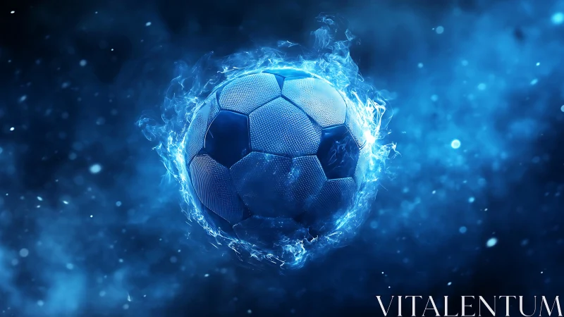 Glowing blue soccer ball suspended in dynamic plasma halo