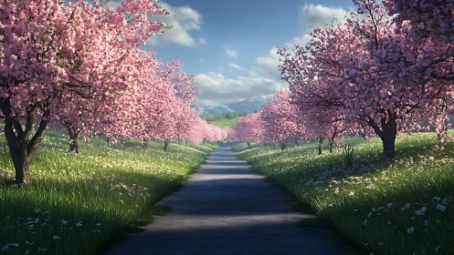Cherry blossom lane under clear spring mountain sky.
