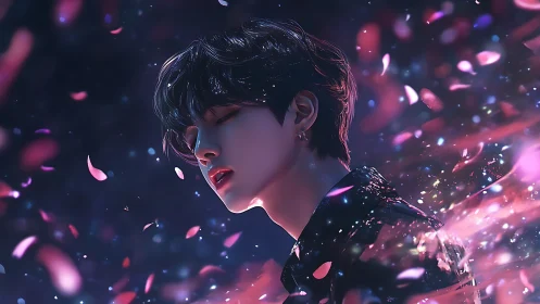 Softly glowing singer drifts through swirling neon petals