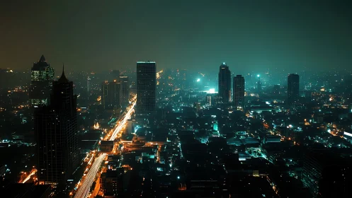 Neon rivers of traffic carve glowing veins through midnight city