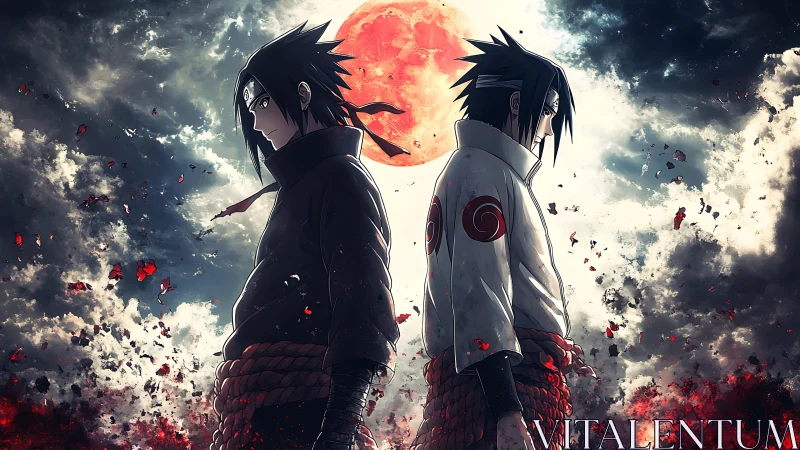 Anime dual-character confrontation under blood-red moon symmetry.