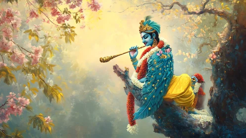 Divine blue deity plays flute amid golden blossom light