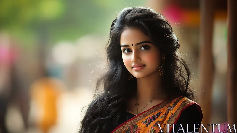 Portrait of a Young Woman in Traditional Saree, Vibrant and Soft Focus.