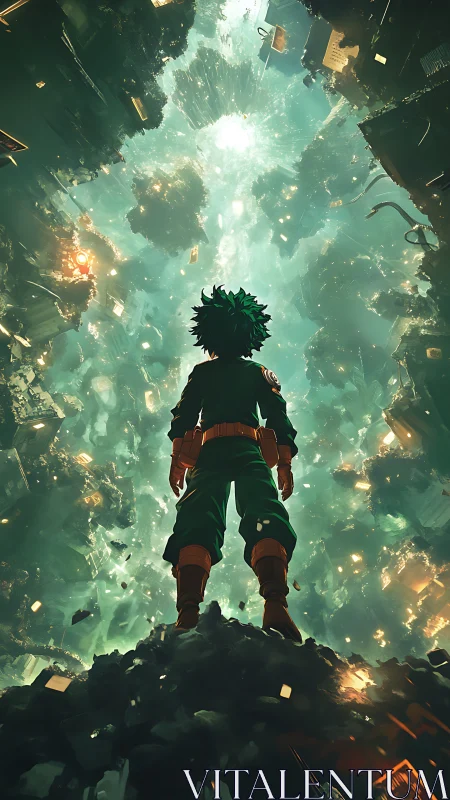 Heroic silhouette faces exploding emerald city void.