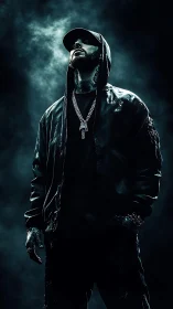 Hooded man in dark streetwear stands under dramatic backlight