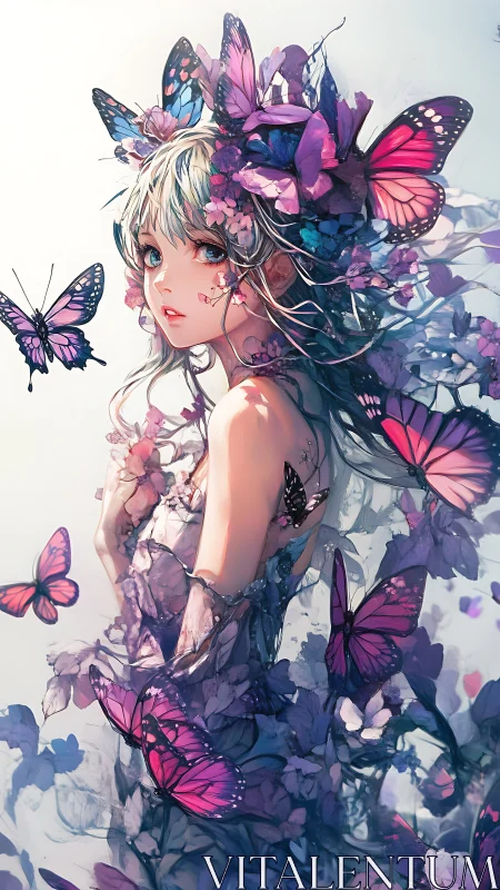 Butterfly adorned anime girl rendered in detailed soft color