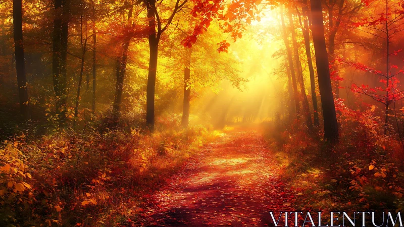 Autumn forest path under strong low-angle sunlight.