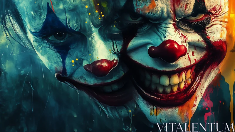 Dual sinister clown visages rendered in hyperreal digital chiaroscuro