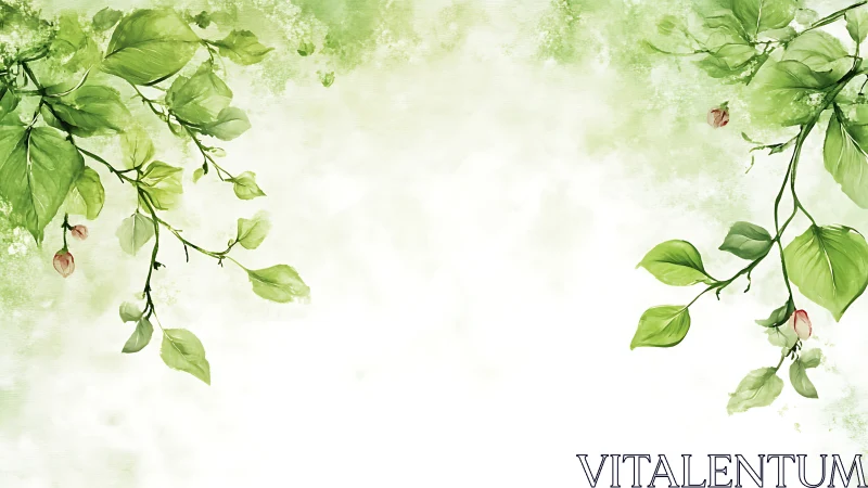 Green leafy branches framing light watercolor background.