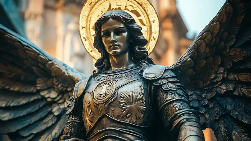 Bronze winged archangel statue with radiant gilded halo detail.