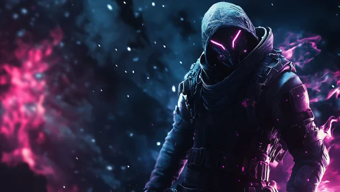 Neon‑eyed rogue strides through glowing cosmic shadows