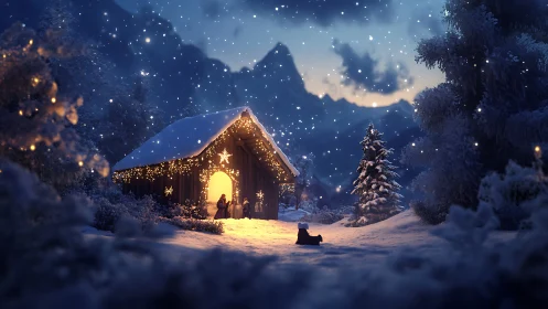 Snow-covered cabin with winter lights in mountainous forest.