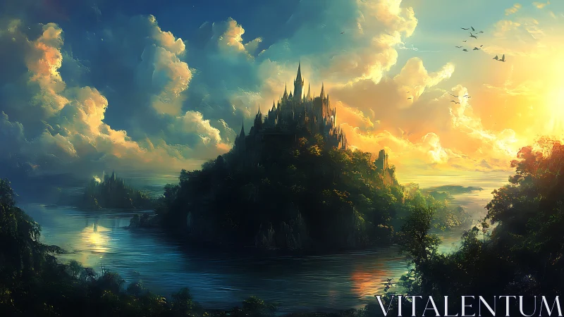 Dark Fantasy Castle Above River at Sunset