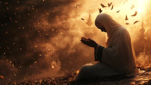 Prayer carves quiet light through storming golden dust