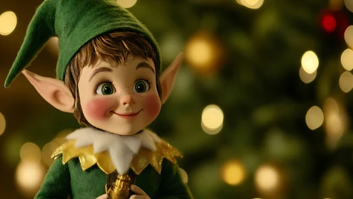3D-rendered elf character before defocused holiday lights.