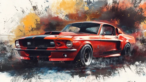 Red classic muscle car rendered in dynamic digital art.