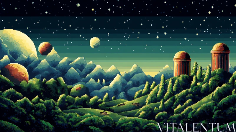 Pixel planets rise over emerald forest observatories.
