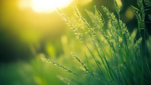 Sunlit meadow grasses glow softly in warm golden haze.