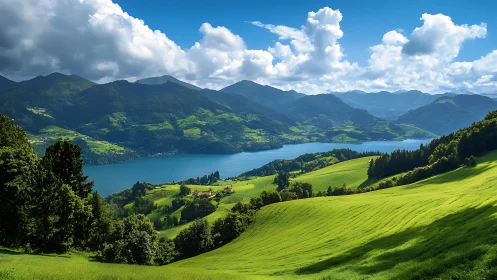 Sunlit green hills embracing a calm blue mountain lake.