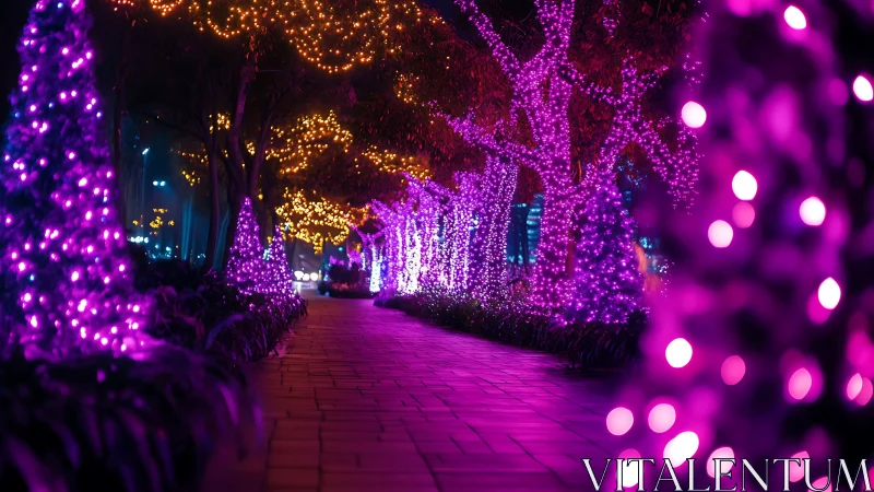 Neon walkway glows with purple fairy lights under night sky