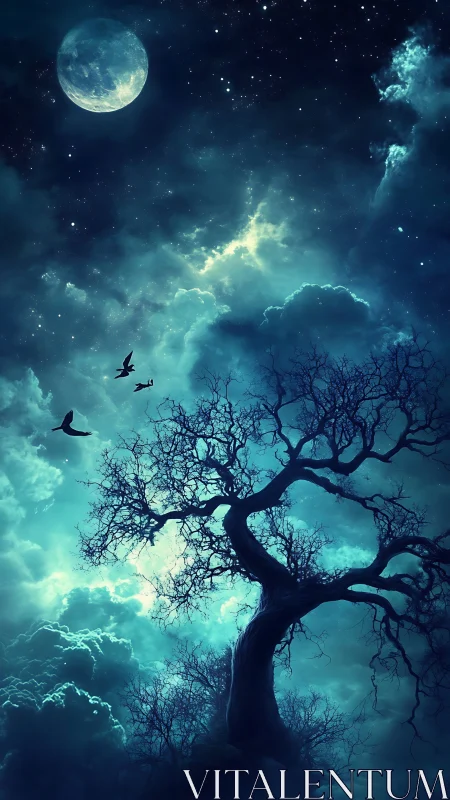 Moonlit dreaming tree under a restless midnight sky.