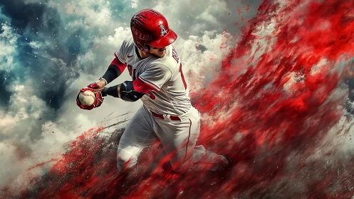 Dynamic baseball batter amid explosive red energy trail.
