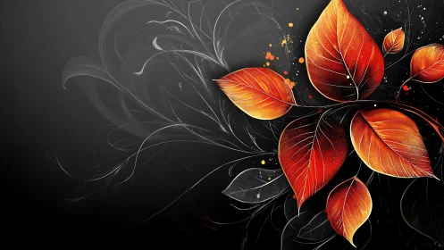 Crimson gradient leaves on dark swirling abstract backdrop.