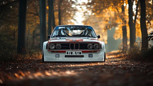 Classic BMW race car stands centered on sunlit forest road