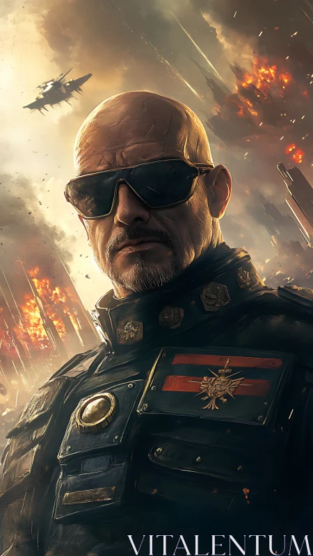 War-hardened star general stands amid burning skyward siege.