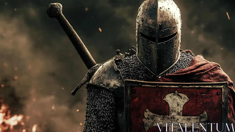 Armored medieval knight stands with sword and shield