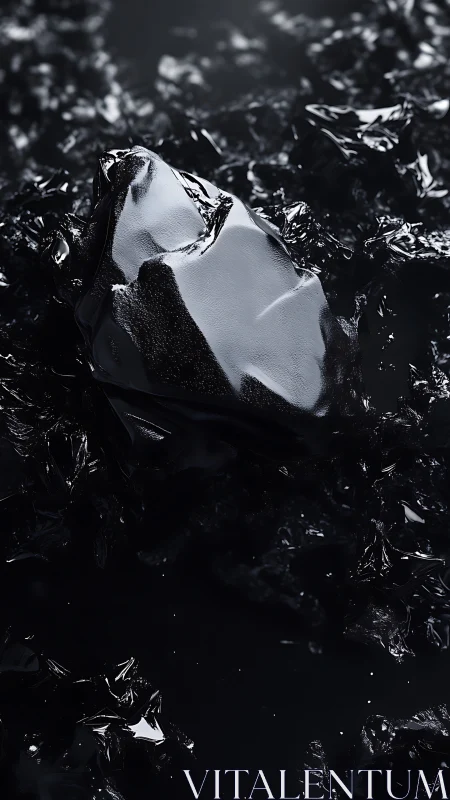 Gleaming black crystal rests in a sea of inky reflections