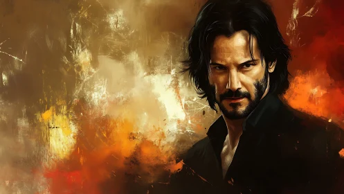 Smoldering gaze carves calm shadows through painted fire