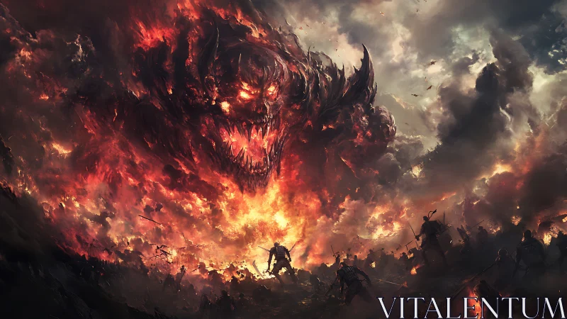 Infernal sky-beast unfurls from wildfire clouds above warriors