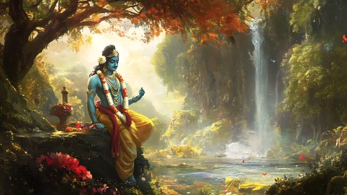 Blue-skinned deity figure in dense forest waterfall setting.