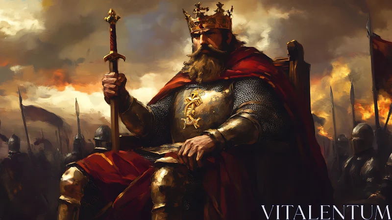 Armored war-king enthroned amid burning battlefield horizon.