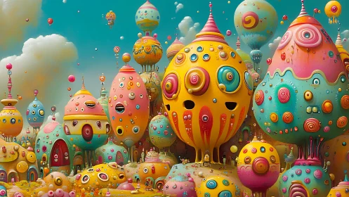 Whimsical candy cityscape with bulbous pastel towers.