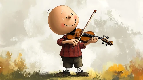 Cartoon child holds violin against textured abstract background