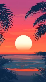 Sunset lagoon glows beneath neon tropic palm silhouettes.
