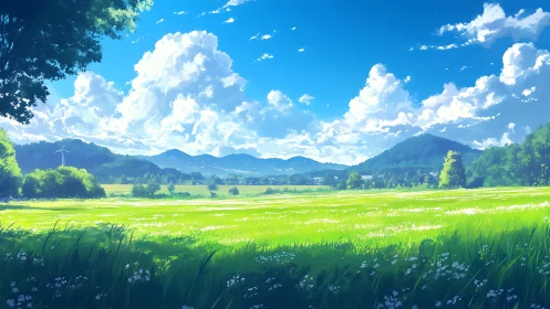 Sunlit meadow stretches beneath towering summer clouds.