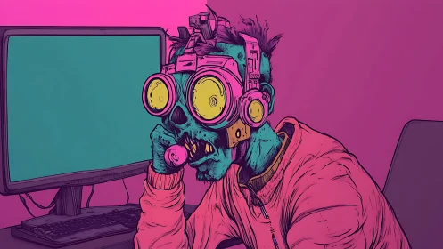 Neon cyber-zombie user at terminal with oversize VR optics.