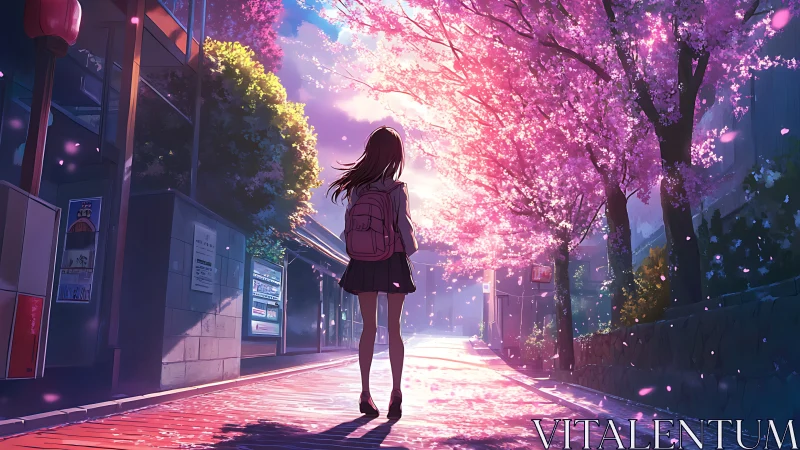 Springtime city street under luminous cherry blossoms at dusk.