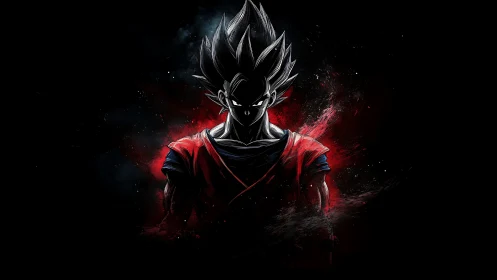 Shadowed anime warrior with red energy aura burst.