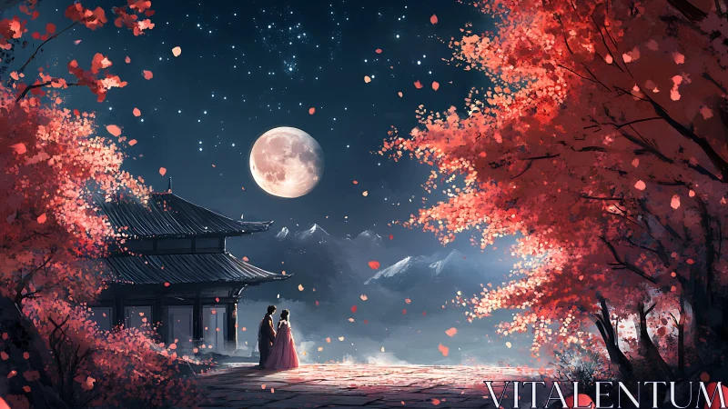 Moonlit couple under red trees by traditional temple.
