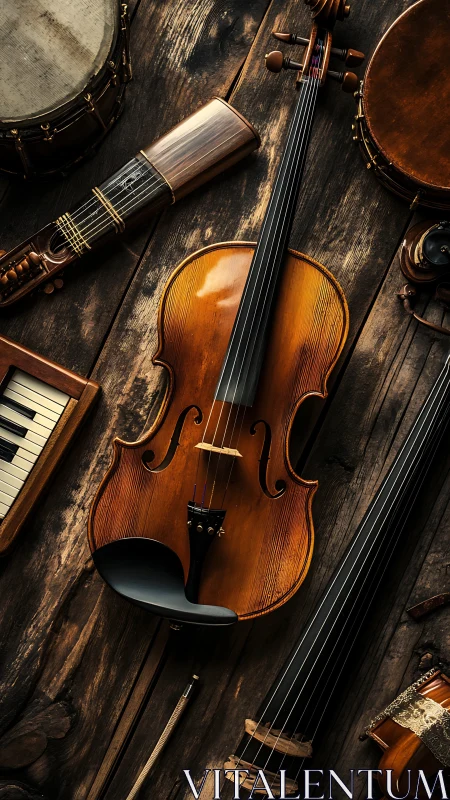 Luthier-crafted violin amid mixed acoustic instruments set.