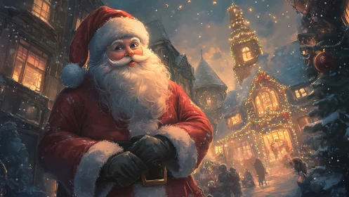 Santa in festive village with glowing Christmas lights at dusk.
