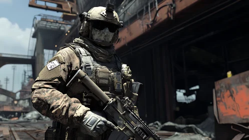 Heavily armed soldier patrols derelict industrial complex