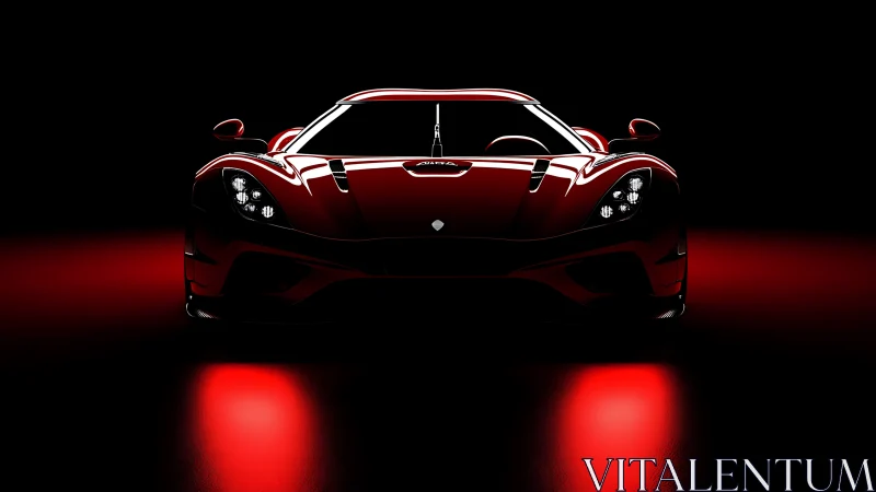 Red supercar silhouette glows over dark reflective floor.