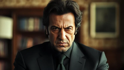 Photorealistic stern portrait in low-key office interior lighting.