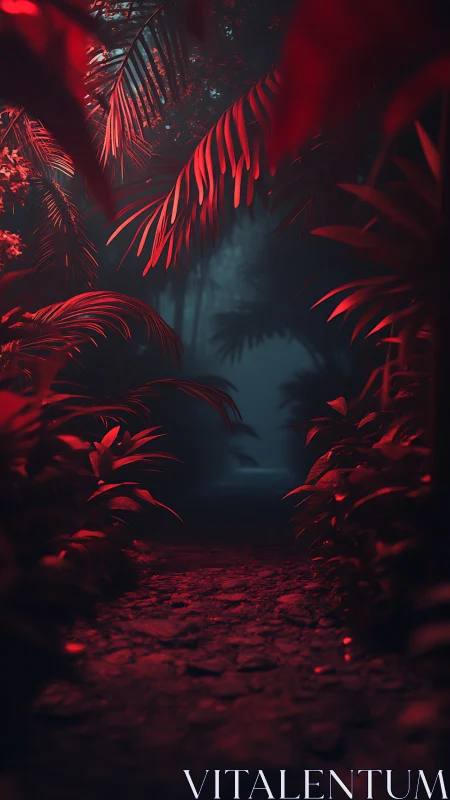 Crimson jungle corridor murmurs toward a misty unknown